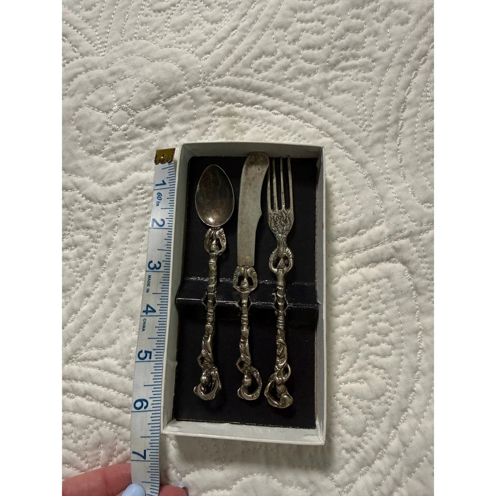 Flatware Set Small Fork, Knife, Spoon Silver Ornate Italian Vintage Figural Set